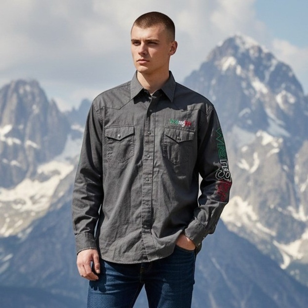 Wrangler Mens Western Snap Shirt Black Embroidered Logo Long Sleeve Large Rodeo